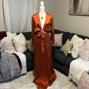 Elegant Satin Orange Wrap Dress